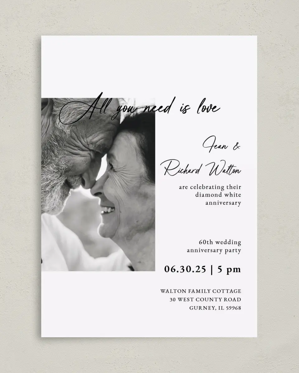 This is a 5" x 7" Anniversary Invitation called Laugh Lines printed in full color with Silver foil on Luxe Satin paper