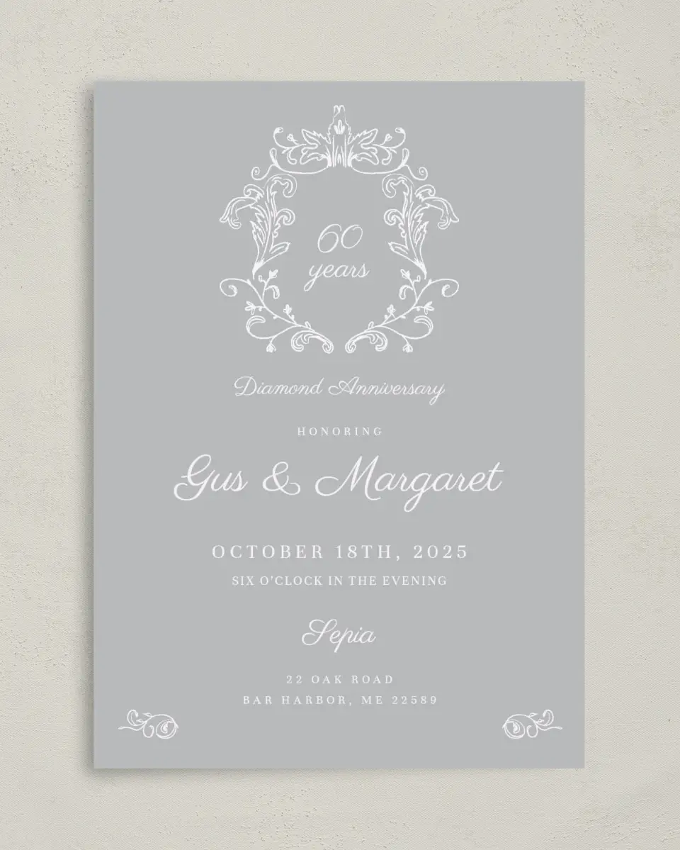This is a 5" x 7" Anniversary Invitation called Caring Crest printed in full color with Silver foil on Luxe Satin paper