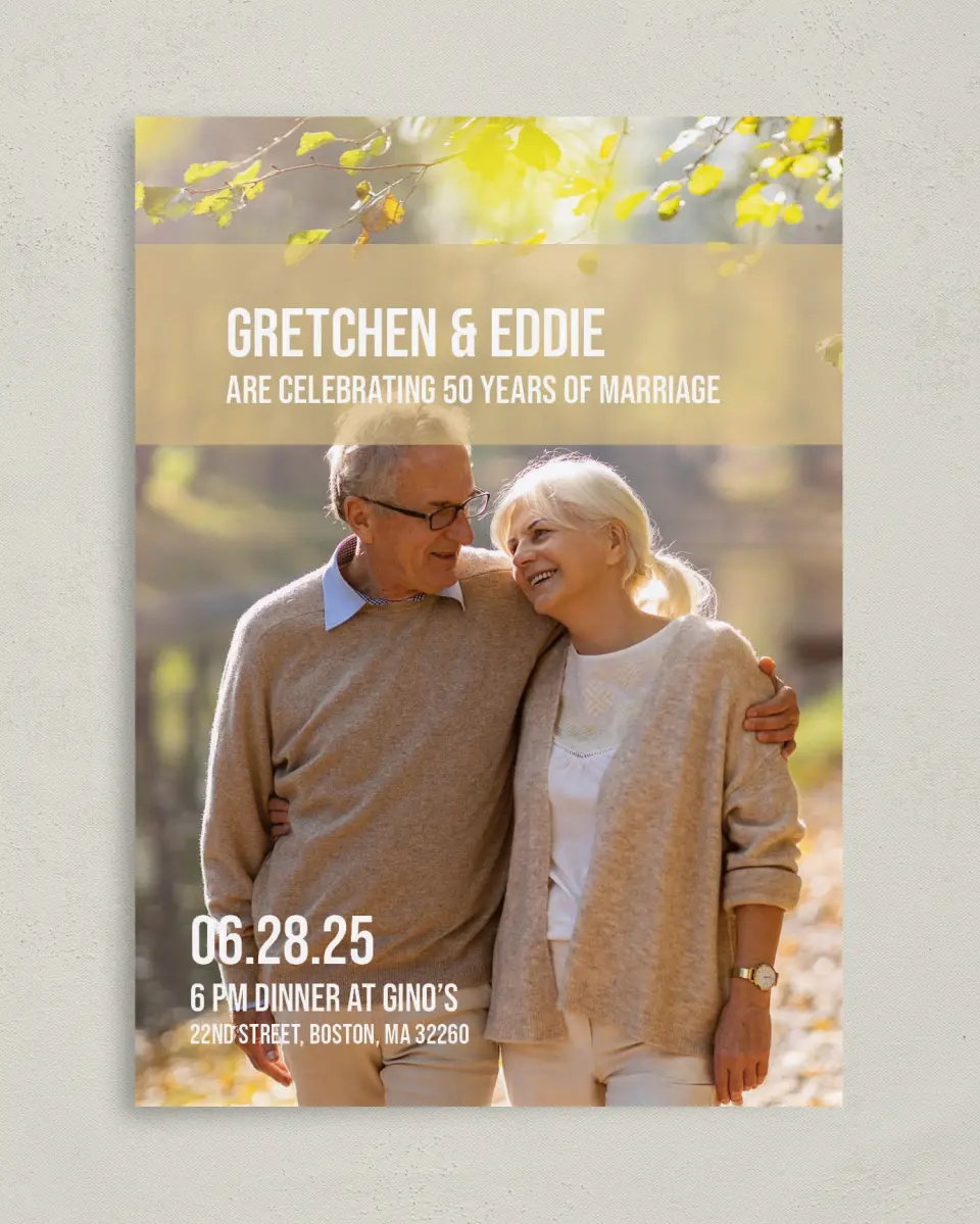 This is a 5" x 7" Anniversary Invitation called Golden Embrace printed in full color with Silver foil on Luxe Satin paper