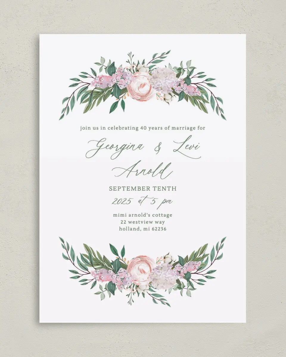 This is a 5" x 7" Anniversary Invitation called Mirrored Florals printed in full color on Premium Smooth paper
