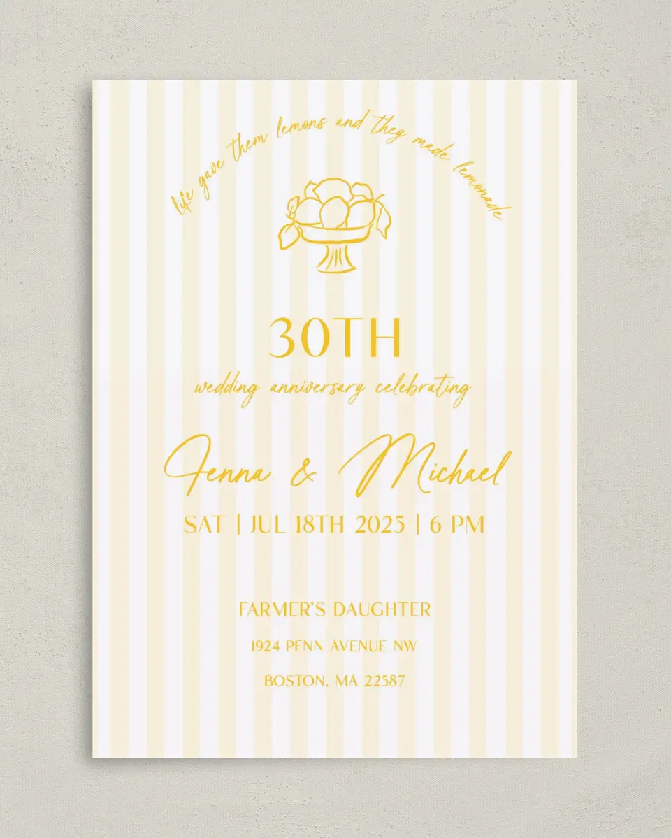 This is a 5" x 7" Anniversary Invitation called Life Lemons printed in full color on Premium Smooth paper