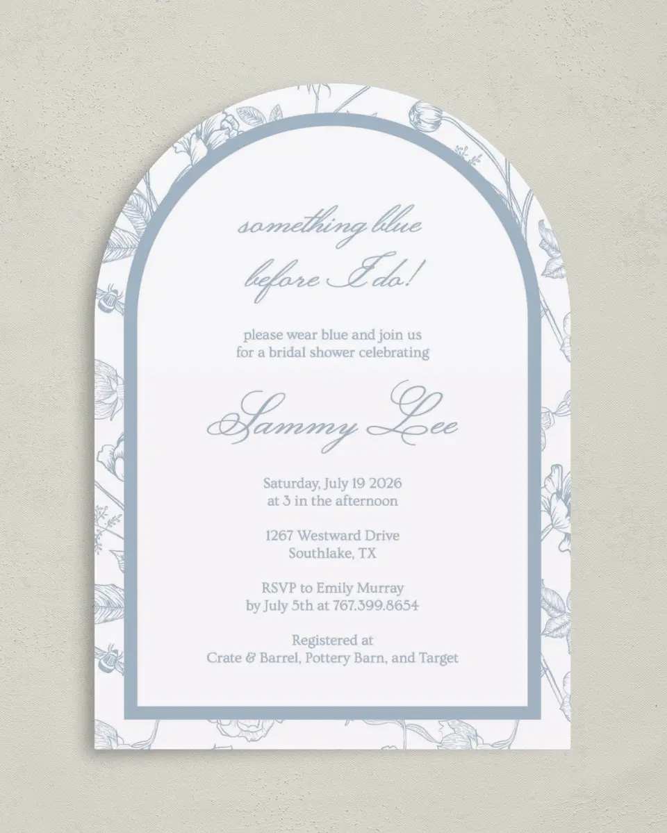 This is a 5" x 7" Bridal Shower Invitation called Something Blue printed in full color on Premium Smooth paper
