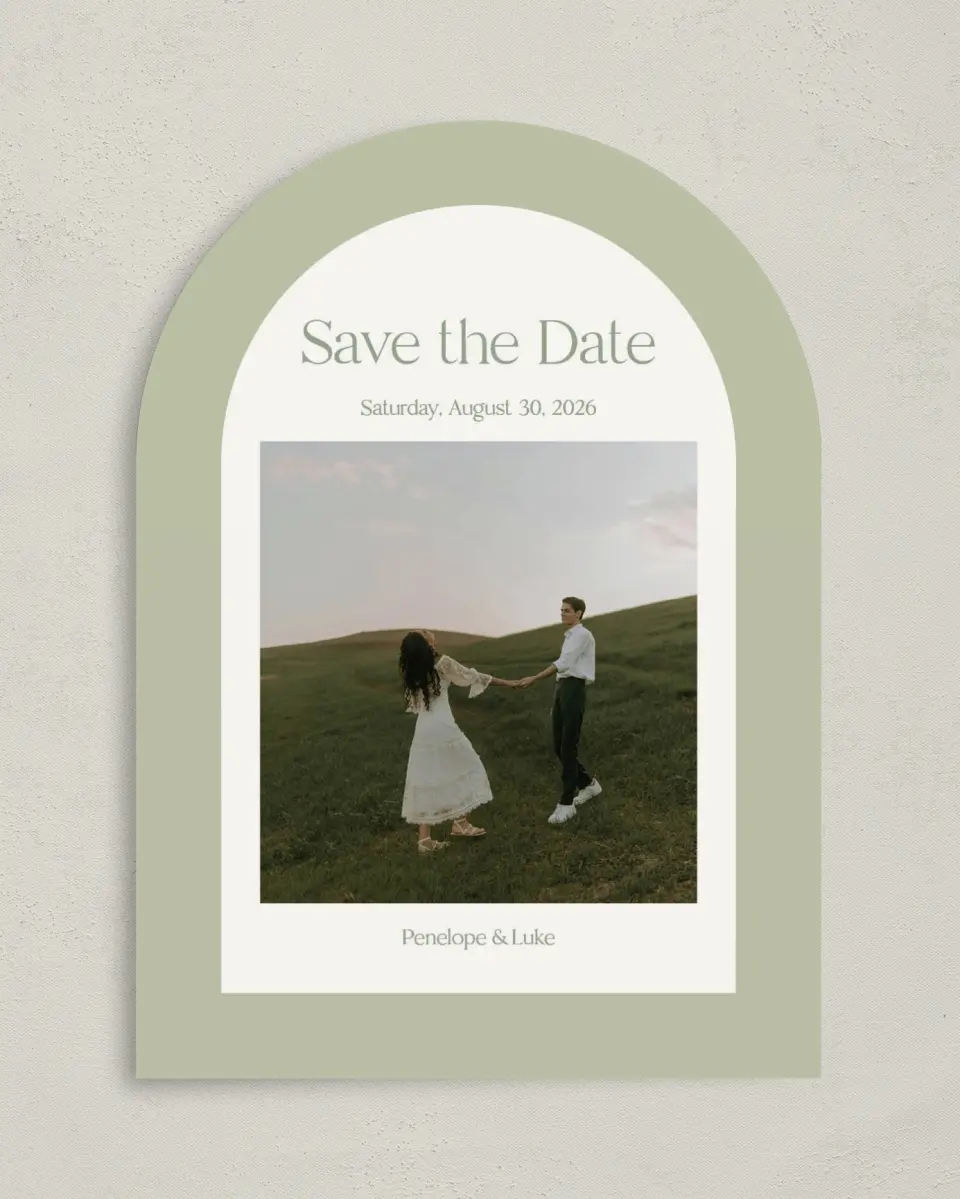 This is a 5" x 7" Arch Save the Date called The Penelope printed in full color on Premium Smooth paper