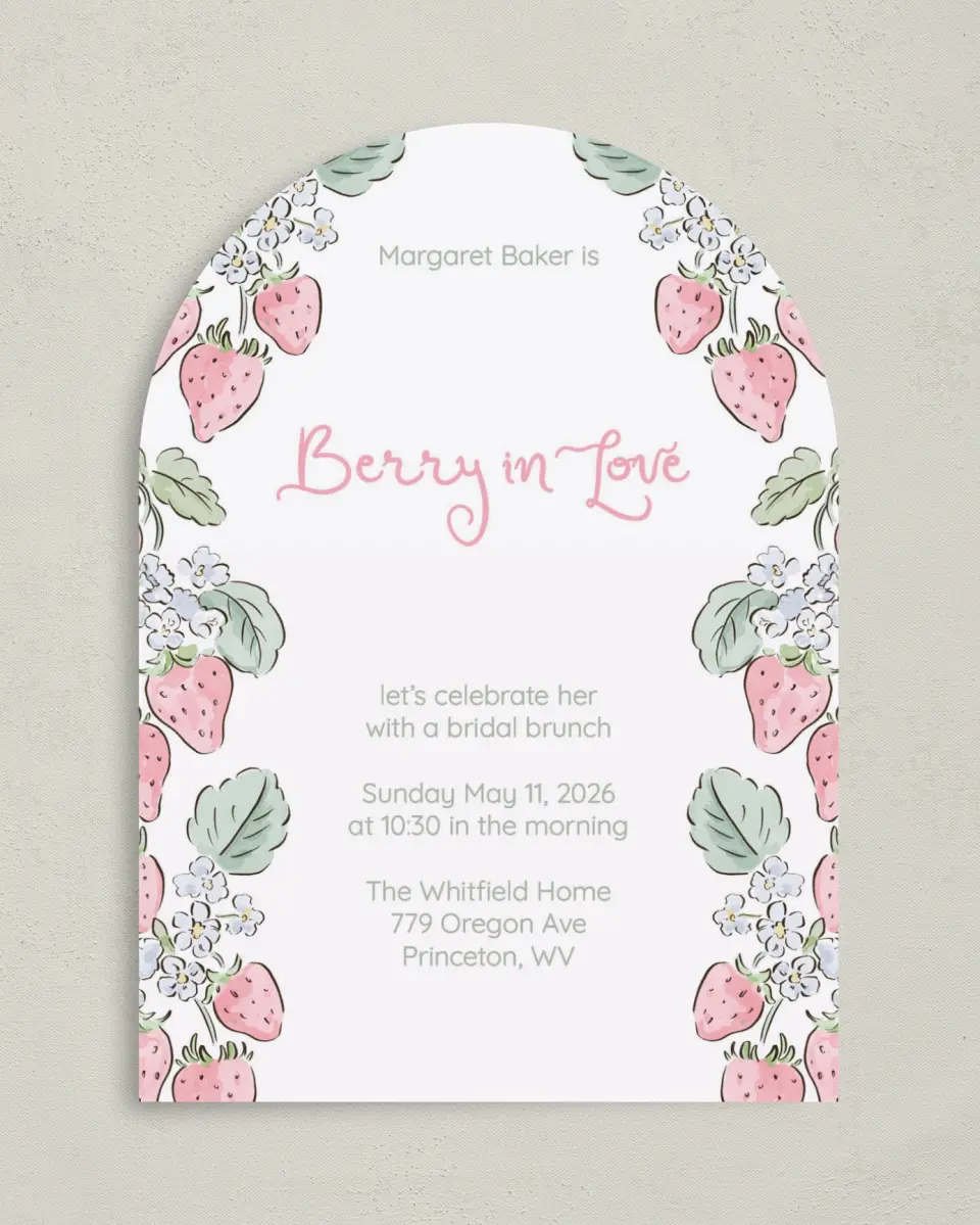 This is a 5" x 7" Bridal Shower Invitation called Berry in Love printed in full color on Premium Smooth paper