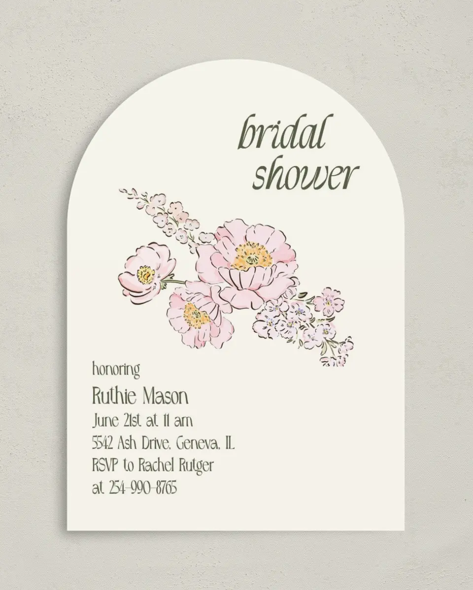 This is a 5" x 7" Bridal Shower Invitation called Floral Shower printed in full color on Premium Smooth paper