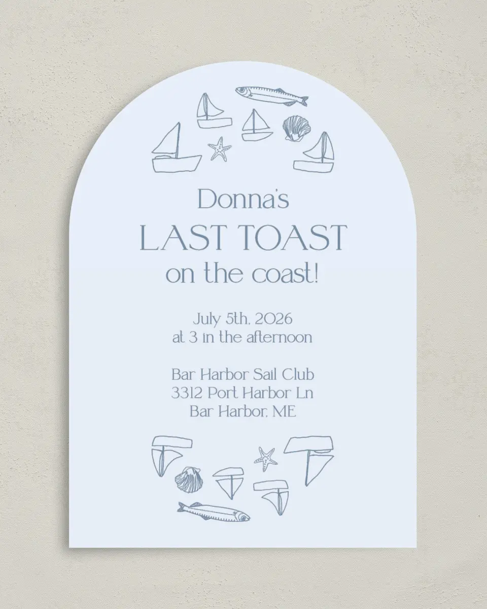 This is a 5" x 7" Bridal Shower Invitation called Last Toast printed in full color on Premium Smooth paper