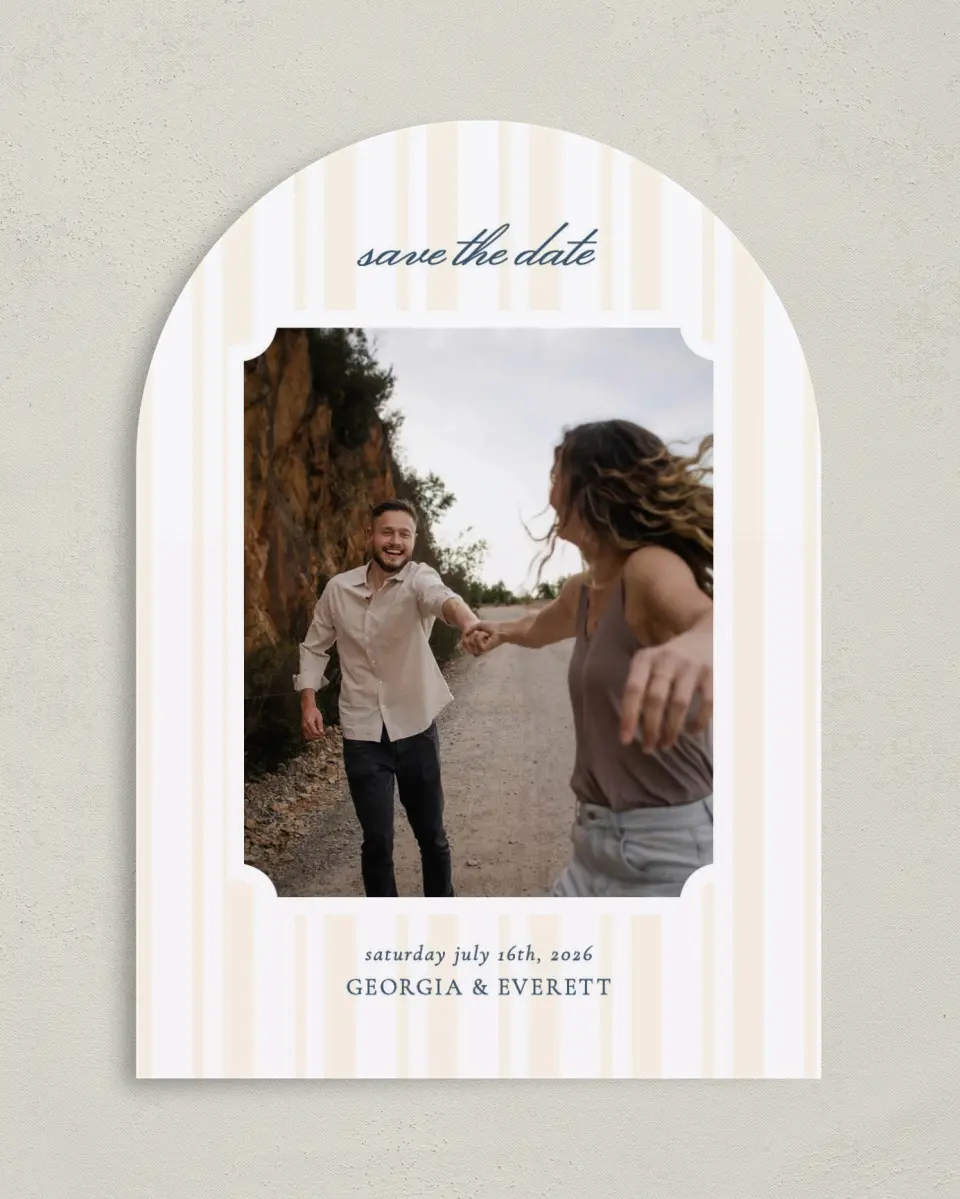 This is a 5" x 7" Arch Save the Date called The Georgia printed in full color on Premium Smooth paper