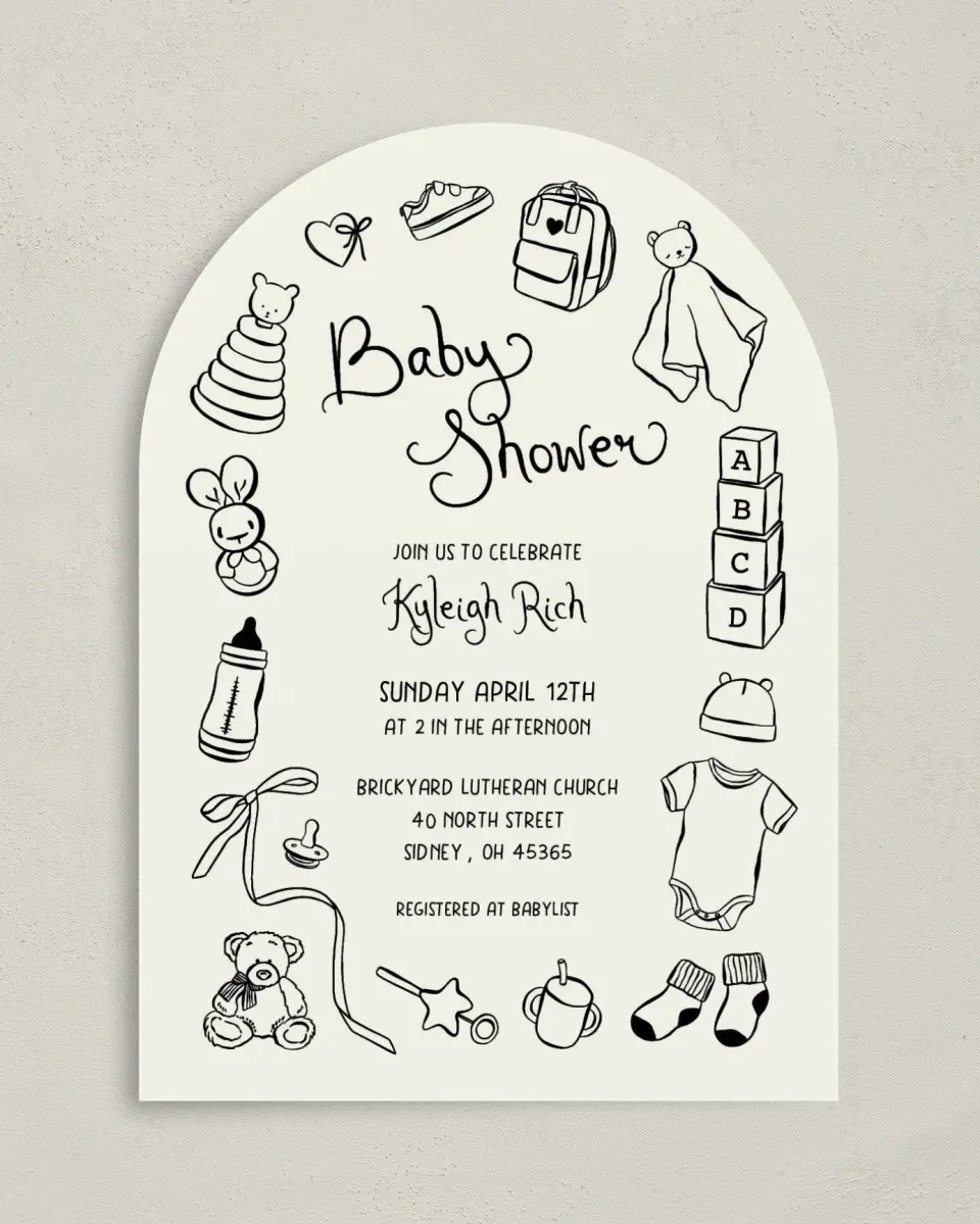 This is a 5" x 7" Baby Shower Invitation called Darling Doodle printed in full color on Premium Smooth paper