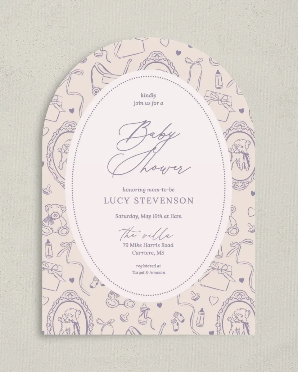 This is a 5" x 7" Baby Shower Invitation called Bottles & Bows printed in full color on Premium Smooth paper