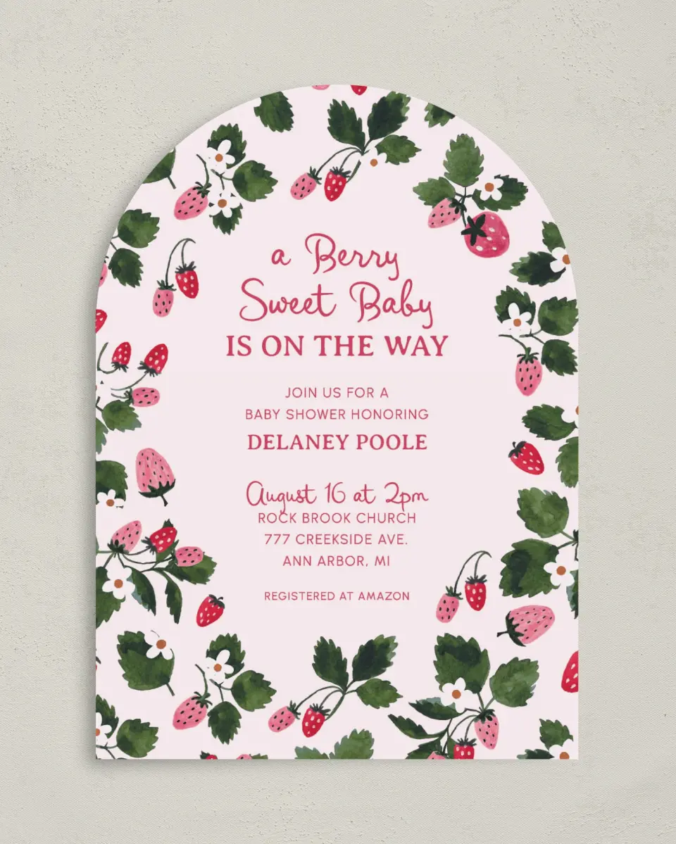 This is a 5" x 7" Baby Shower Invitation called Berry Sweet Baby printed in full color on Premium Smooth paper