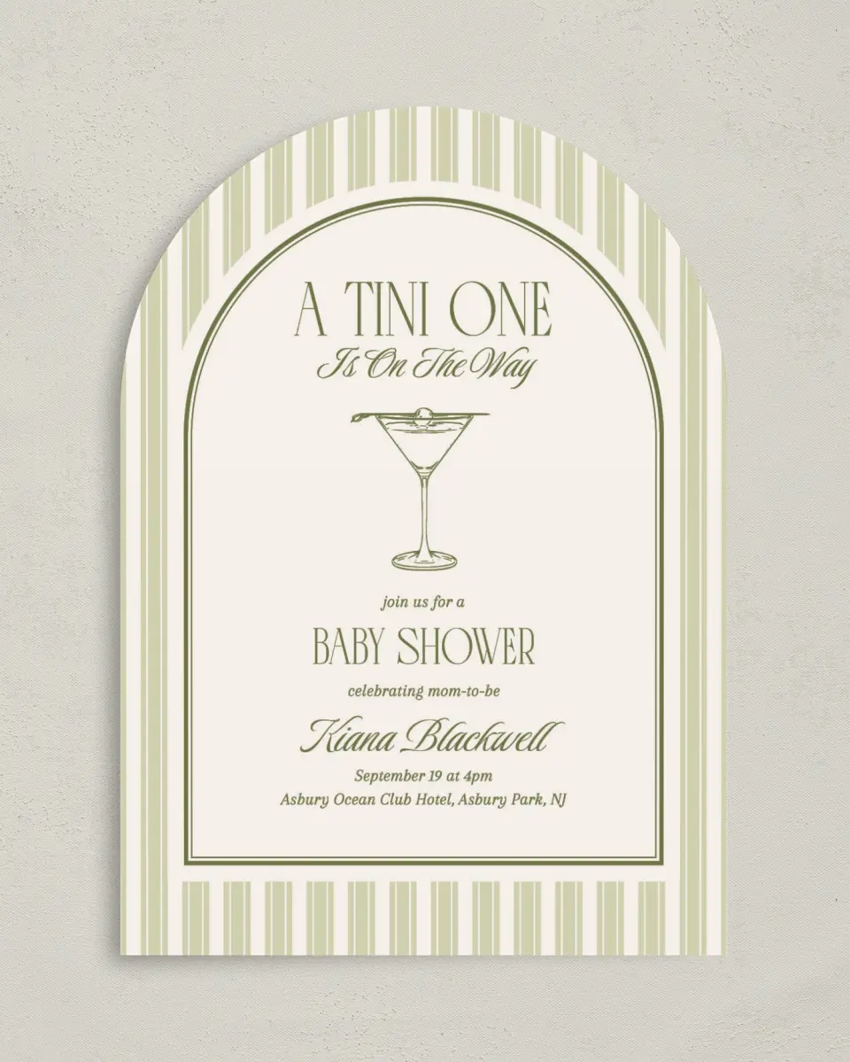 This is a 5" x 7" Baby Shower Invitation called A Tini One printed in full color with Gold foil on Luxe Satin paper