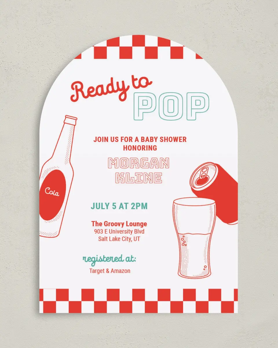 This is a 5" x 7" Baby Shower Invitation called Soda Pop printed in full color on Premium Smooth paper