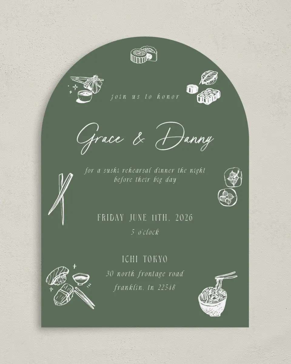 This is a 5" x 7" Rehearsal Dinner Invitation called Graceful Love printed in full color on Premium Smooth paper