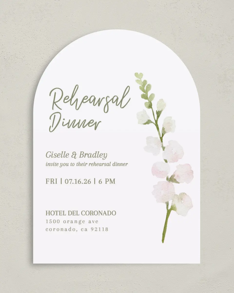 This is a 5" x 7" Rehearsal Dinner Invitation called Budding Love printed in full color on Premium Smooth paper