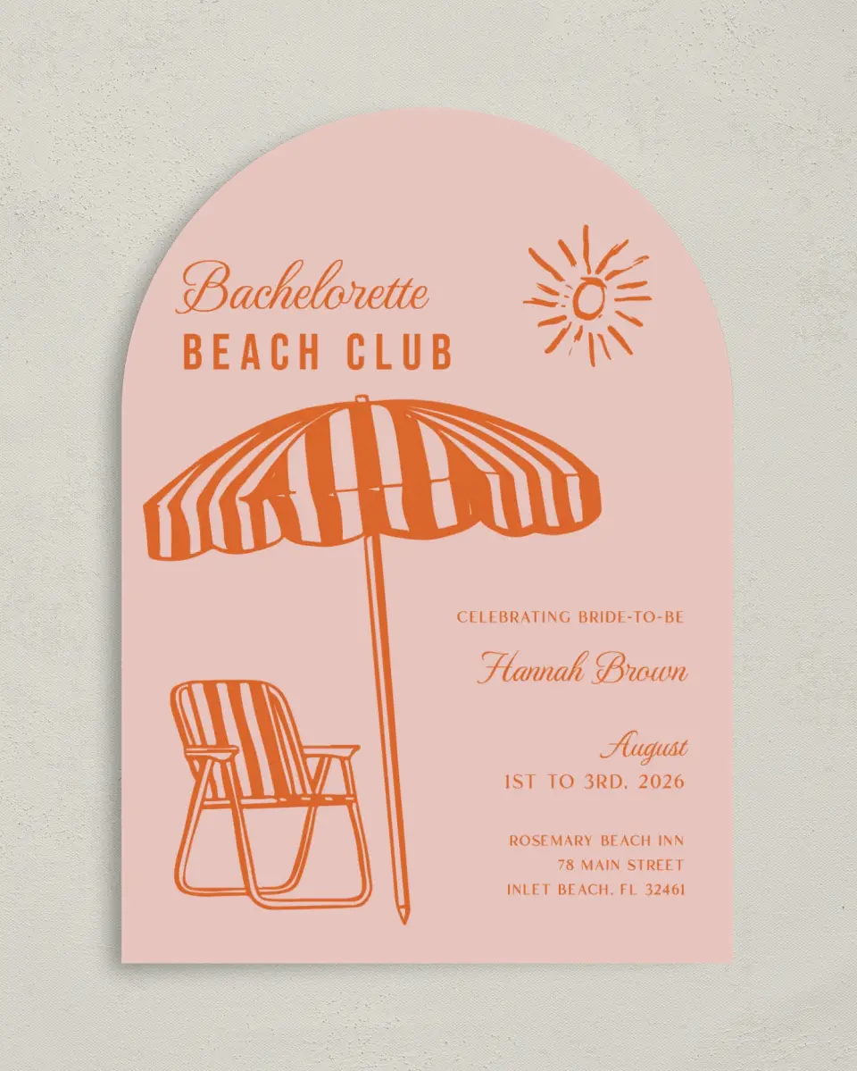 This is a 5" x 7" Rehearsal Dinner Invitation called Bach Beach Club printed in full color on Premium Smooth paper