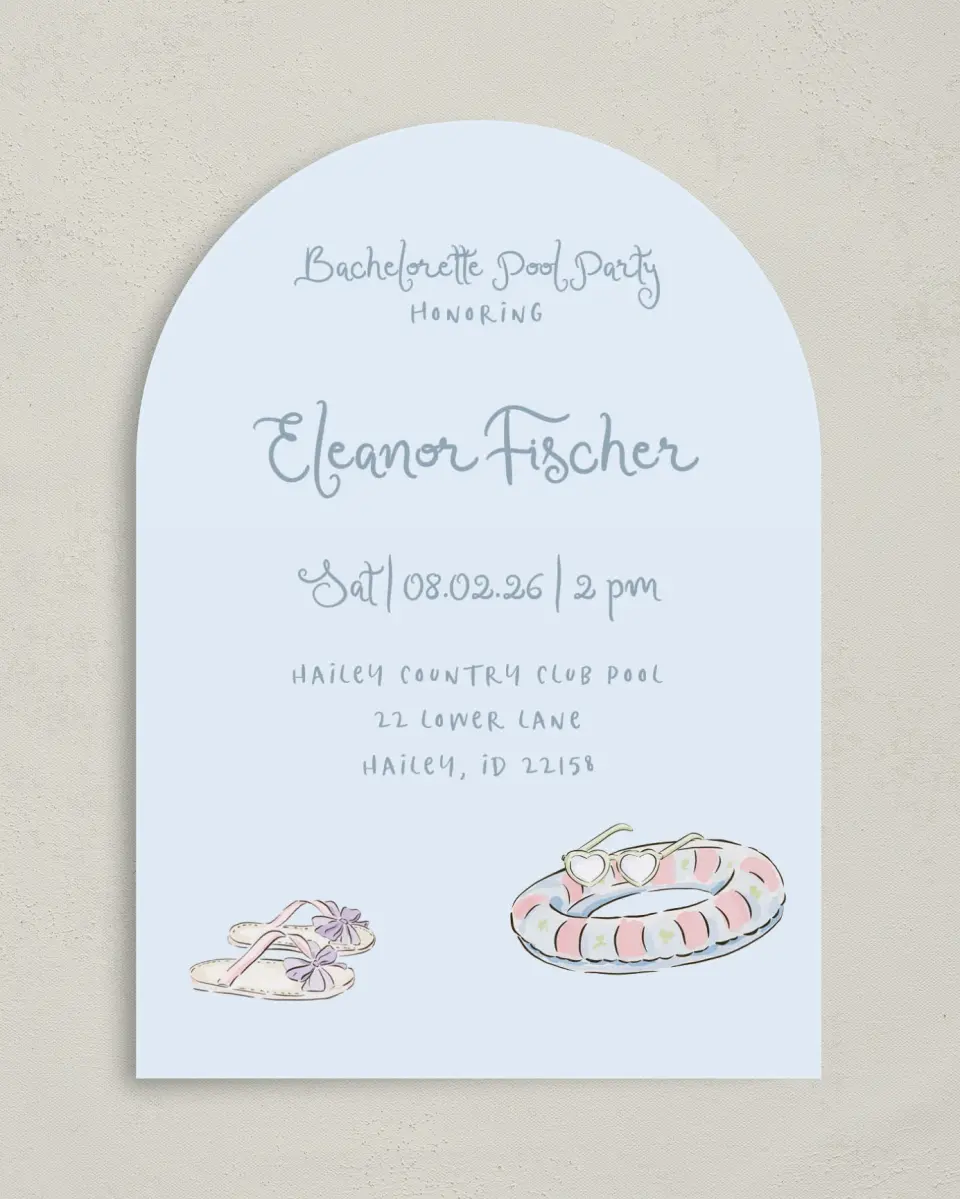 This is a 5" x 7" Rehearsal Dinner Invitation called Pool Bach printed in full color on Premium Smooth paper
