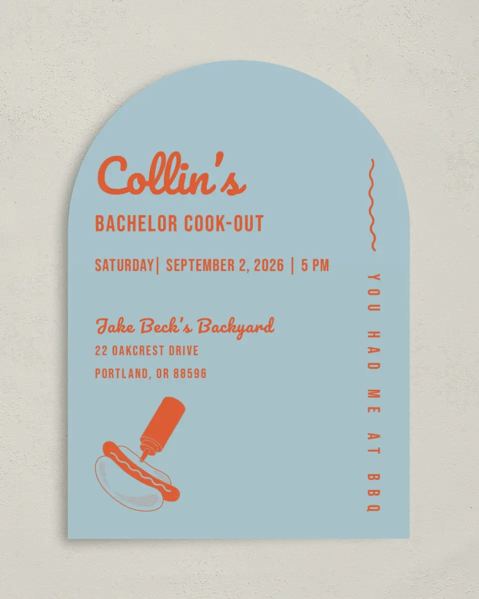This is a 5" x 7" Rehearsal Dinner Invitation called Grill Guys printed in full color with Rose Gold foil on Luxe Satin paper