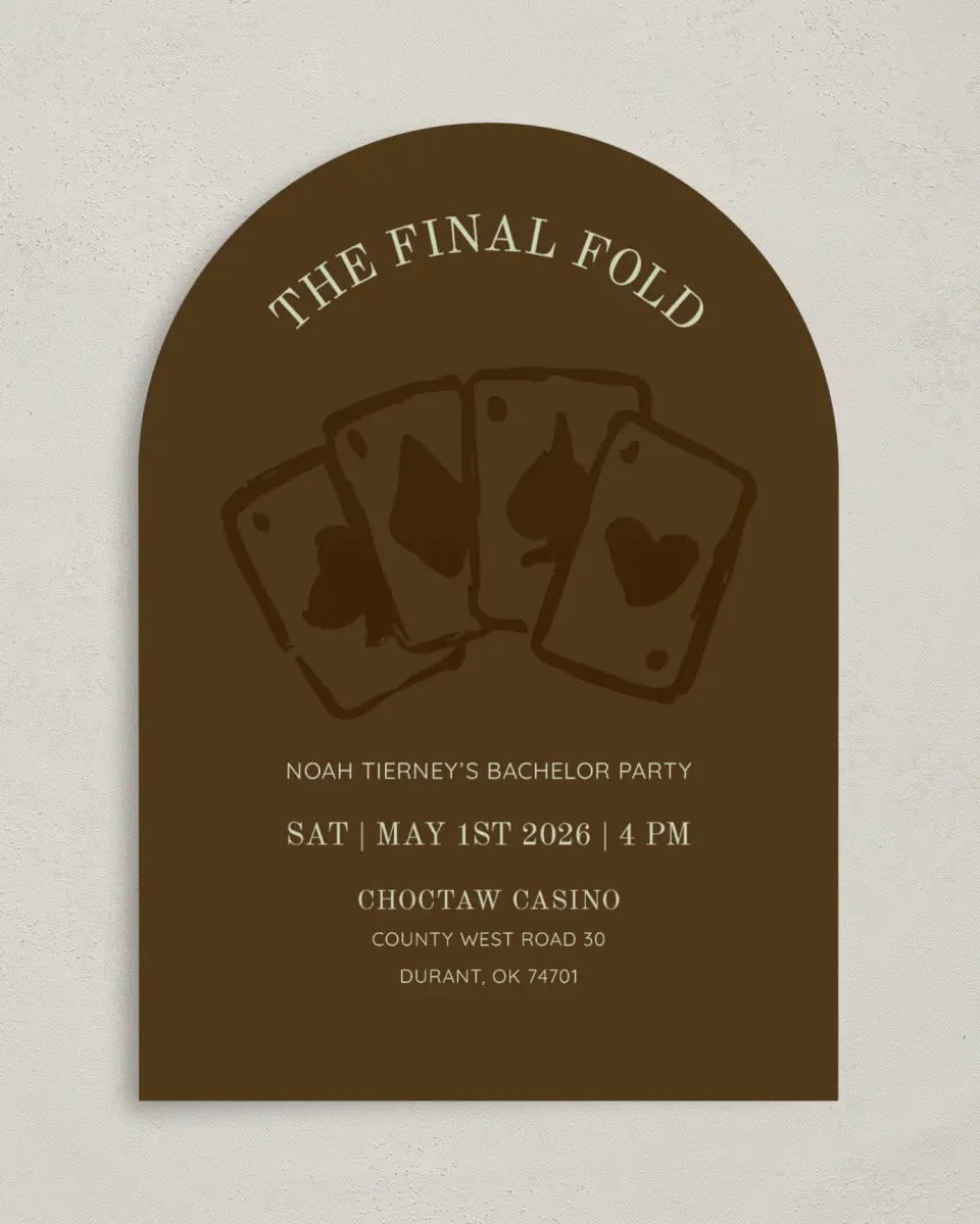 This is a 5" x 7" Rehearsal Dinner Invitation called The Final Fold printed in full color with Rose Gold foil on Luxe Satin paper