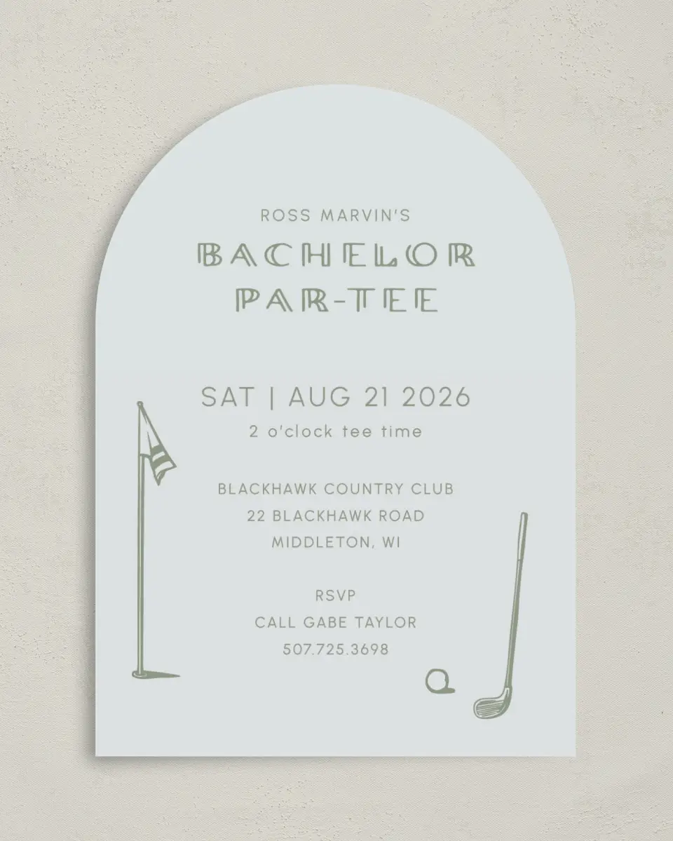 This is a 5" x 7" Rehearsal Dinner Invitation called Let's Par-tee printed in full color with Rose Gold foil on Luxe Satin paper