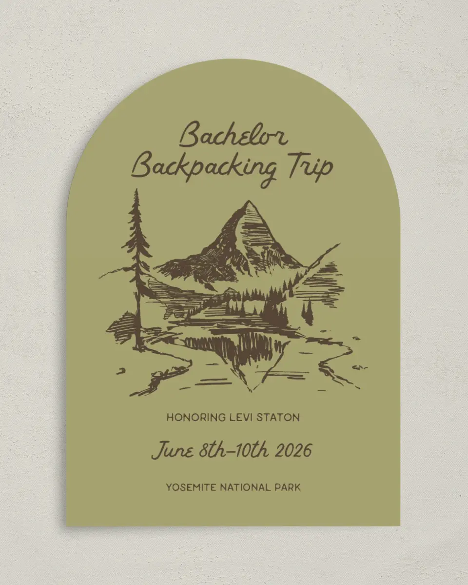 This is a 5" x 7" Rehearsal Dinner Invitation called Backpack Bach printed in full color with Rose Gold foil on Luxe Satin paper