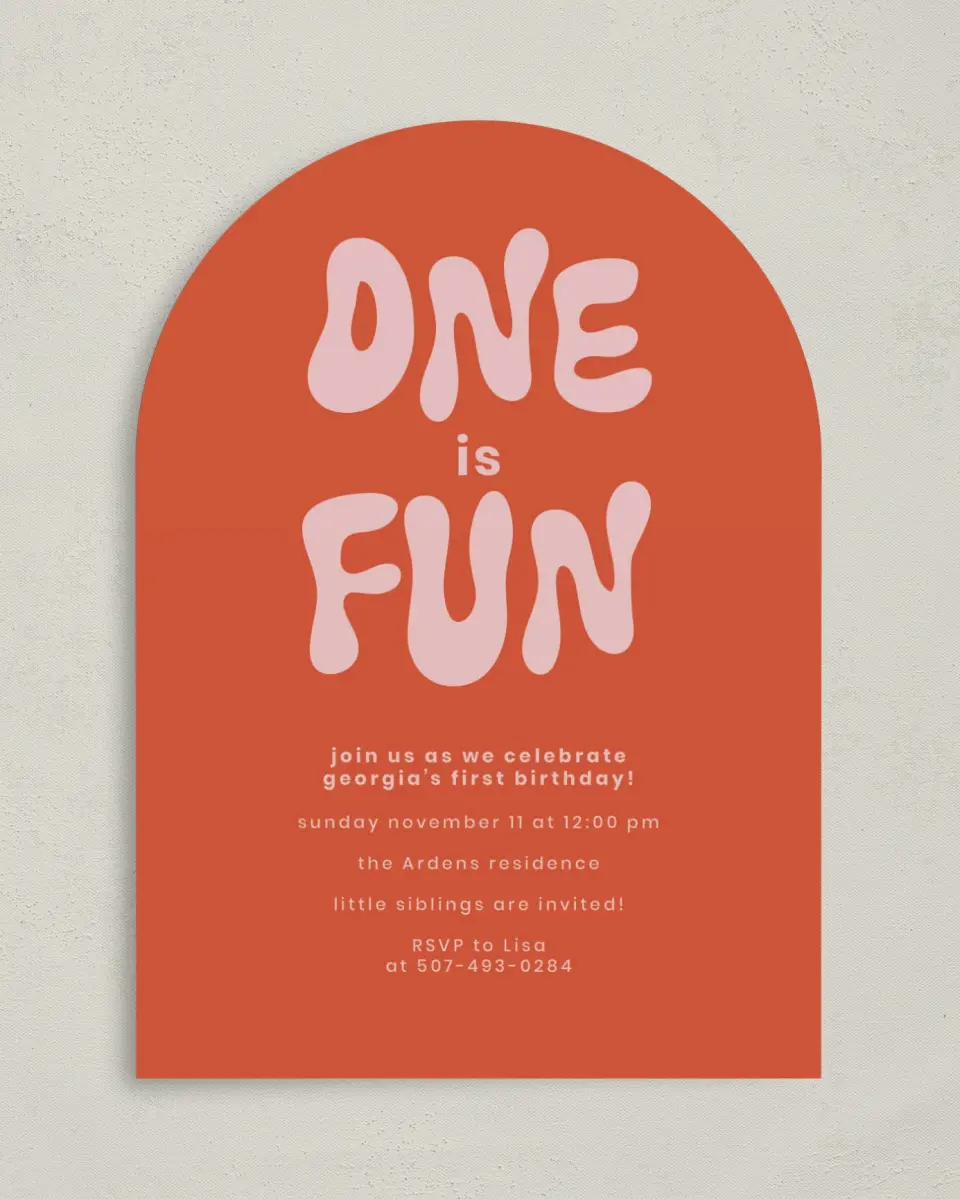 This is a 5" x 7" Birthday Party Invitation called One is Fun printed in full color on Premium Smooth paper