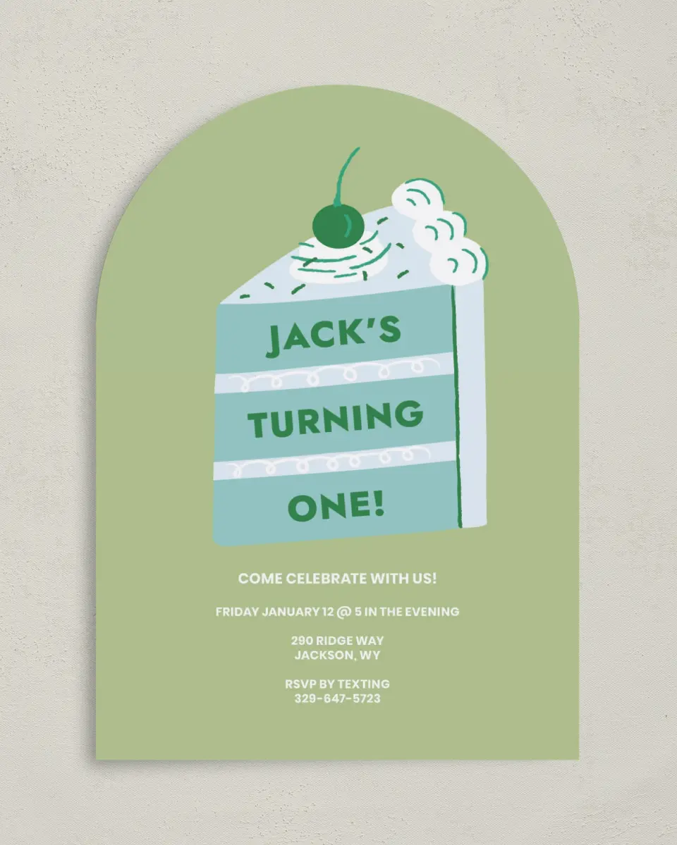 This is a 5" x 7" Birthday Party Invitation called Slice of Fun printed in full color on Premium Smooth paper