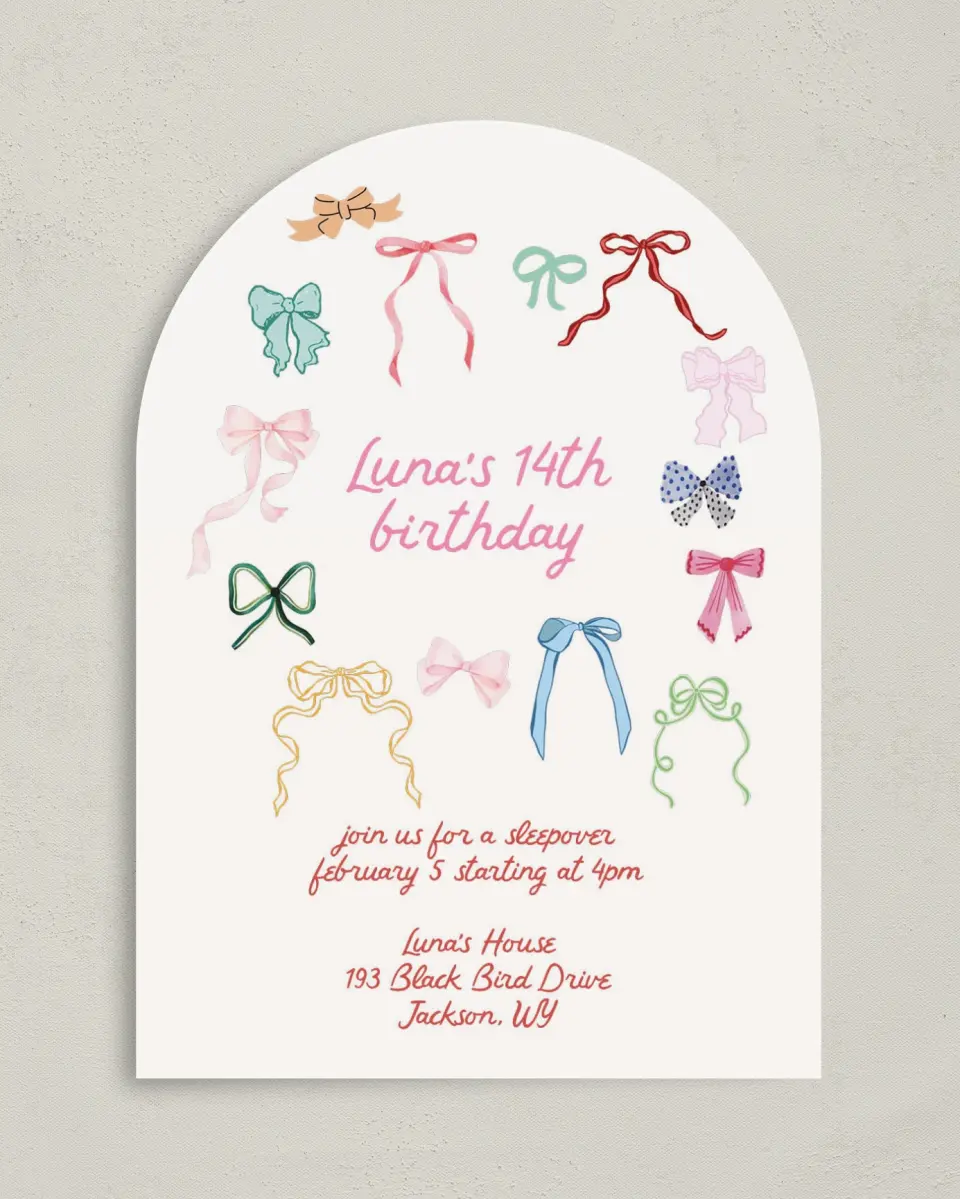 This is a 5" x 7" Birthday Party Invitation called Bow Birthday printed in full color on Premium Smooth paper