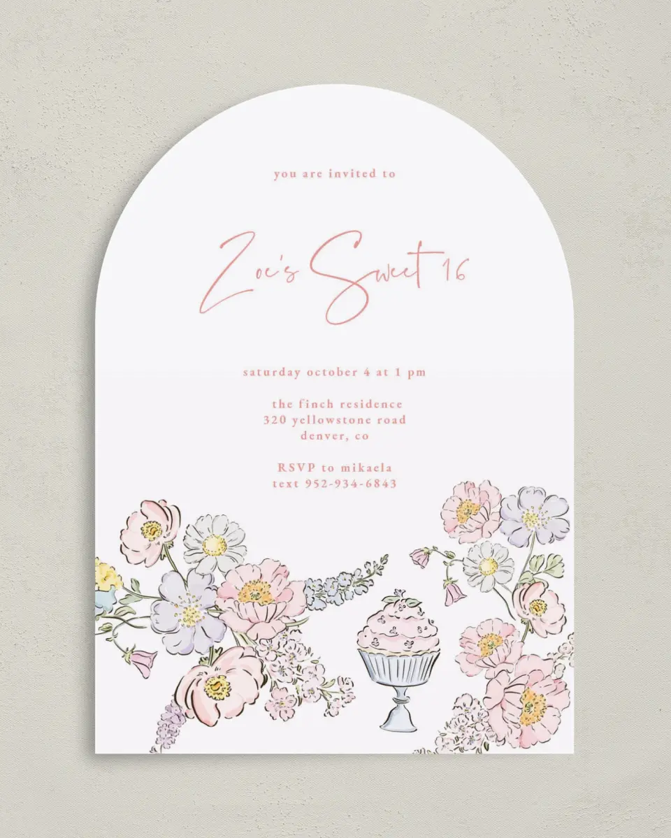 This is a 5" x 7" Birthday Party Invitation called Sweet Flowers printed in full color on Premium Smooth paper
