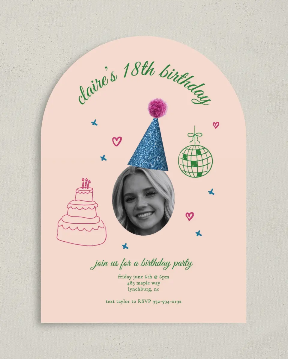 This is a 5" x 7" Birthday Party Invitation called Party Hat printed in full color on Premium Smooth paper