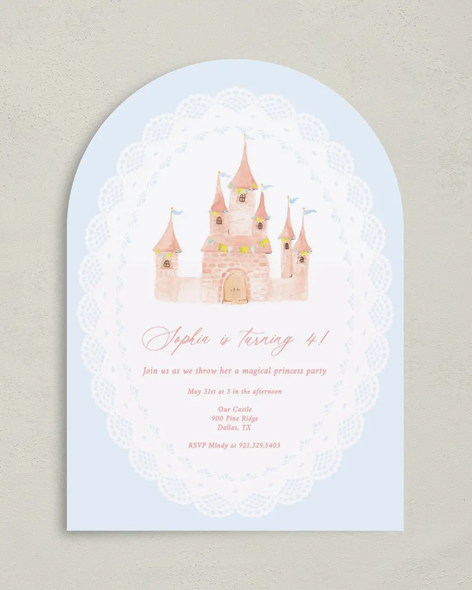 This is a 5" x 7" Birthday Party Invitation called Princess Castle printed in full color on Premium Smooth paper