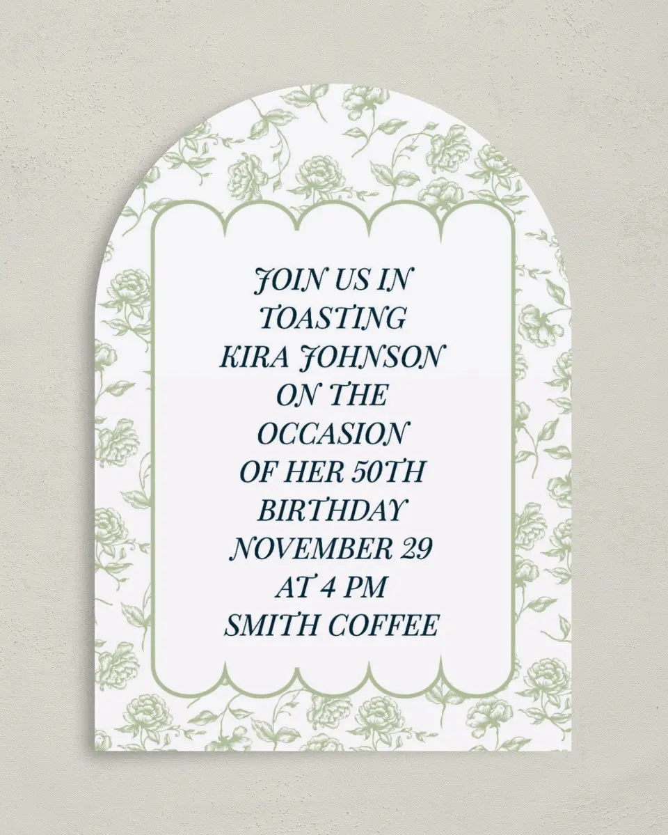 This is a 5" x 7" Birthday Party Invitation called Floral Scallops printed in full color on Premium Smooth paper