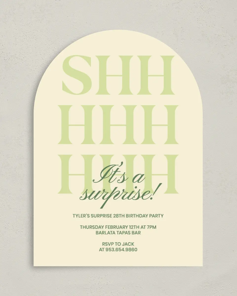 This is a 5" x 7" Birthday Party Invitation called Surprise Party! printed in full color on Premium Smooth paper