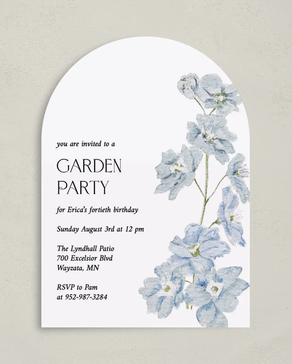 This is a 5" x 7" Birthday Party Invitation called Garden Birthday printed in full color on Premium Smooth paper