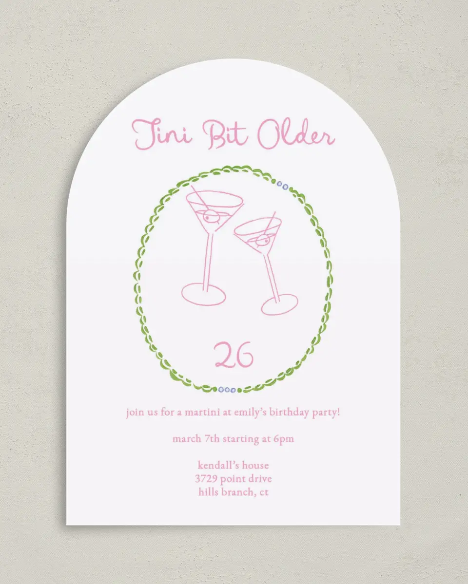 This is a 5" x 7" Birthday Party Invitation called Tini Bit Older printed in full color on Premium Smooth paper