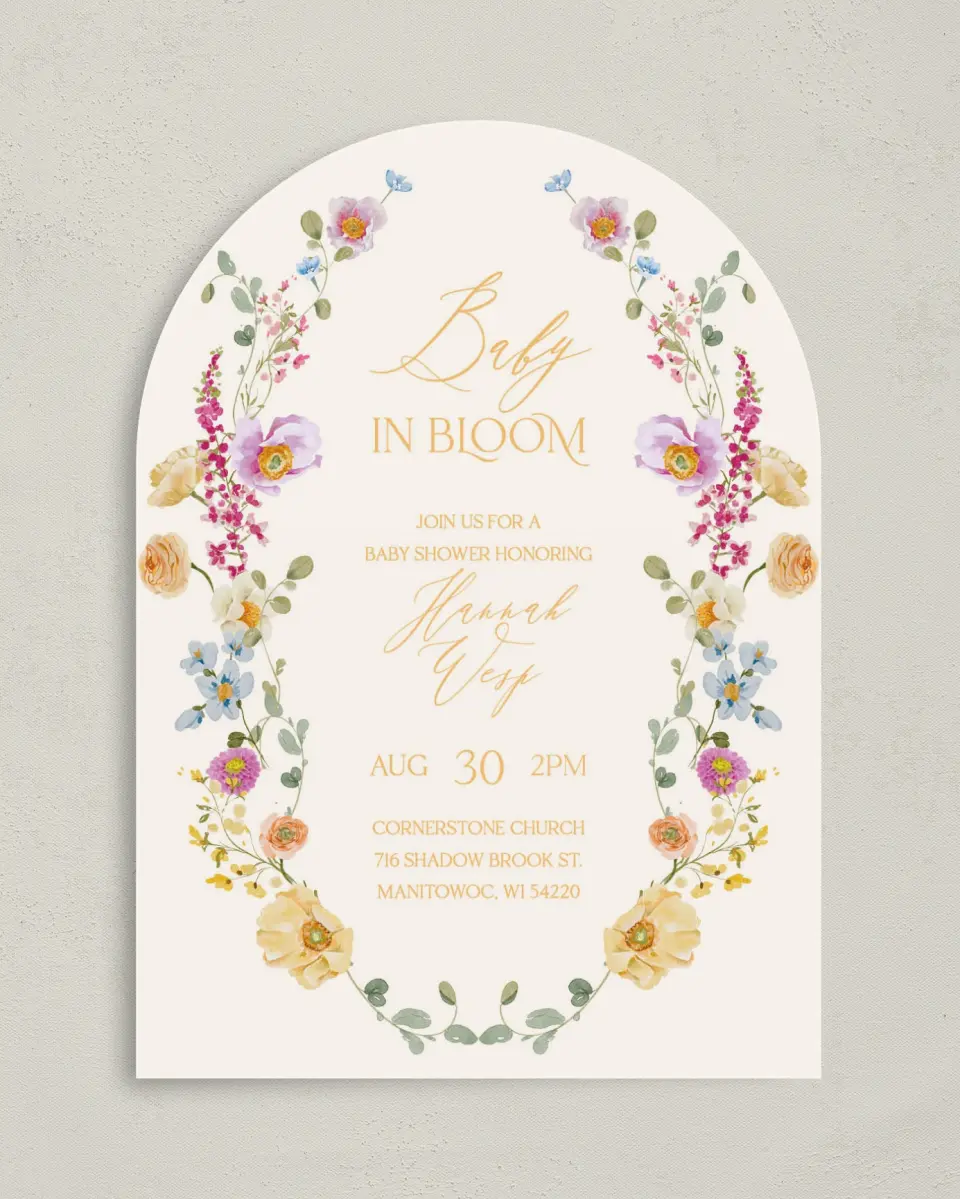 This is a 5" x 7" Baby Shower Invitation called Colorful Blooms printed in full color on Premium Smooth paper