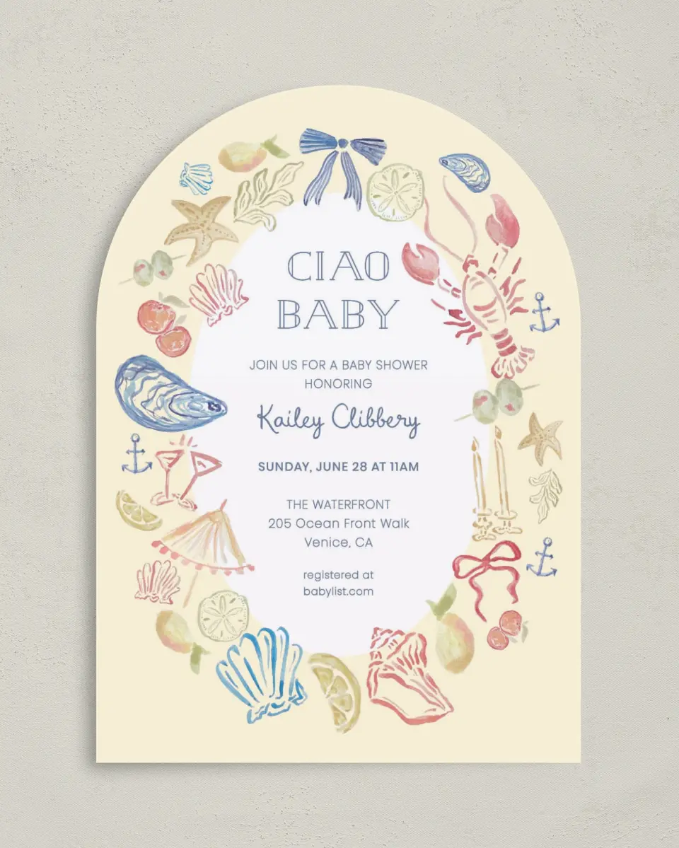 This is a 5" x 7" Baby Shower Invitation called Ciao Baby printed in full color on Premium Smooth paper