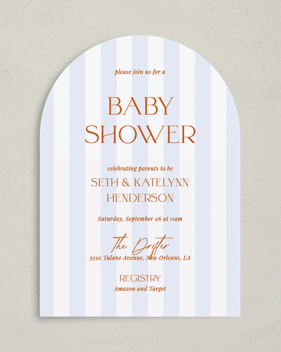 This is a 5" x 7" Baby Shower Invitation called Sweet Stripes printed in full color on Premium Smooth paper