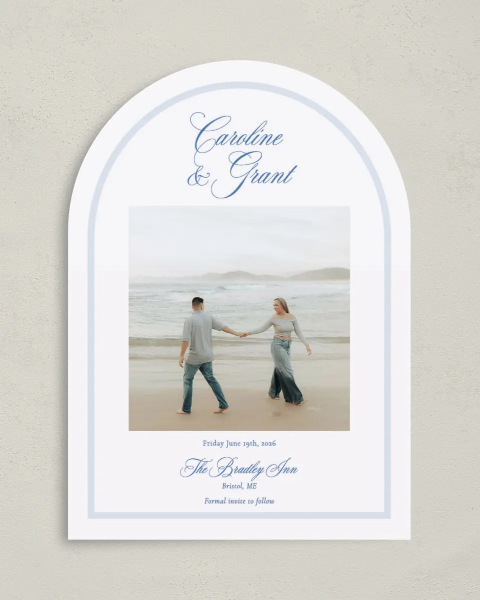 This is a 5" x 7" Arch Save the Date called Bradley printed in full color on Premium Smooth paper