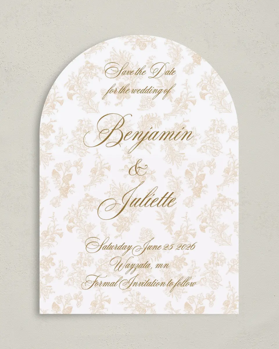 This is a 5" x 7" Arch Save the Date called Wayzata printed in full color on Premium Smooth paper