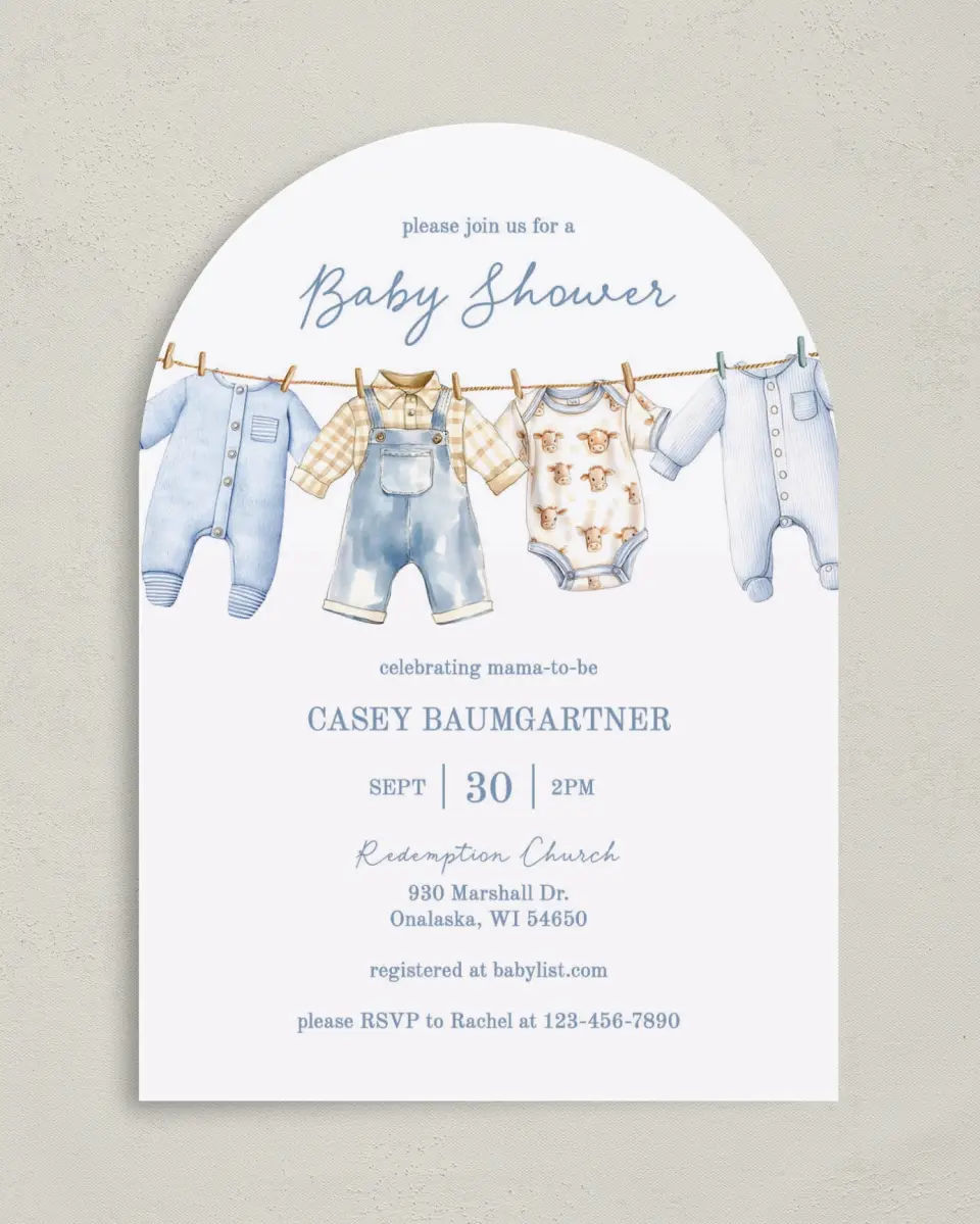 This is a 5" x 7" Baby Shower Invitation called Country Clothesline printed in full color on Premium Smooth paper