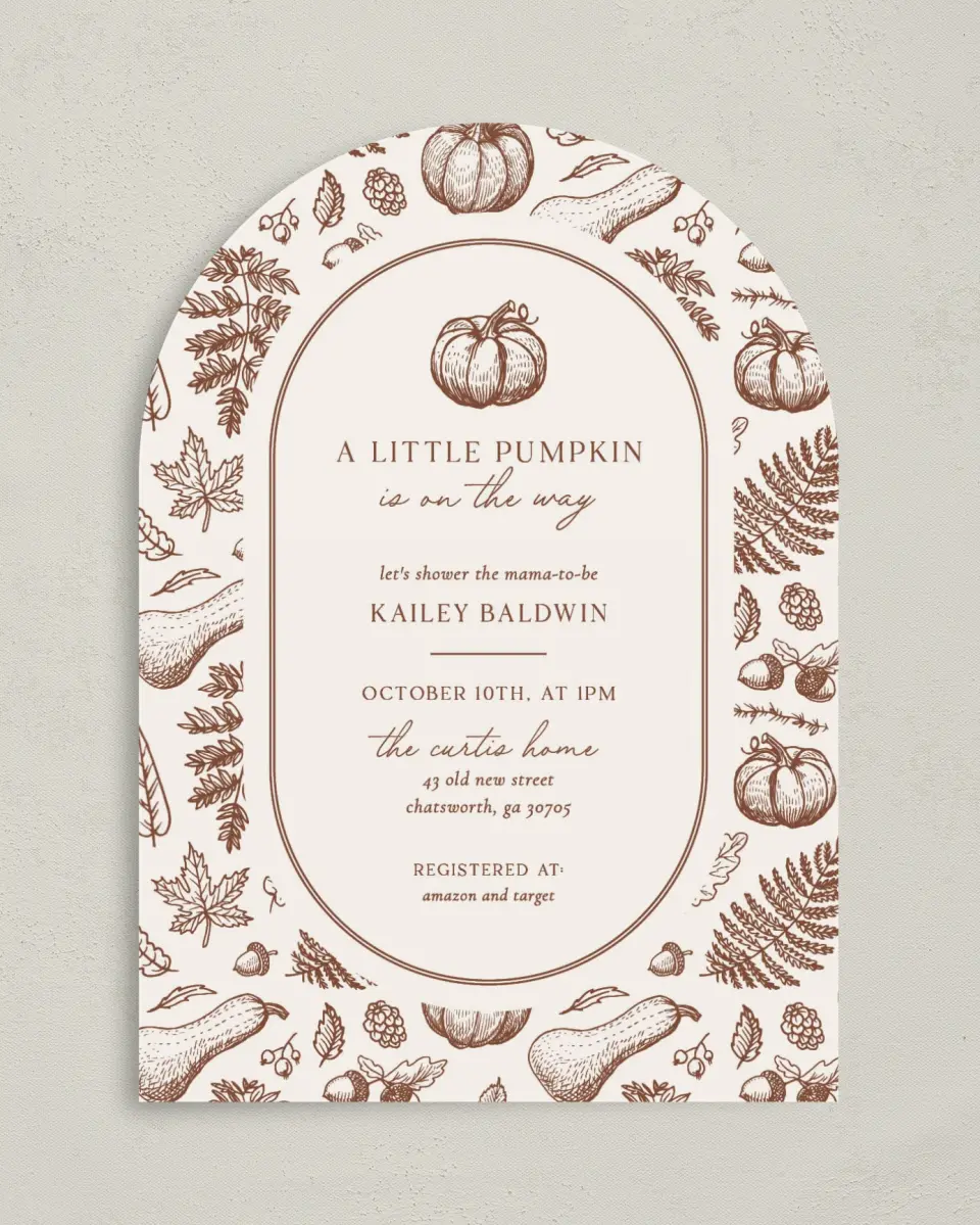 This is a 5" x 7" Baby Shower Invitation called Precious Pumpkin printed in full color on Premium Smooth paper