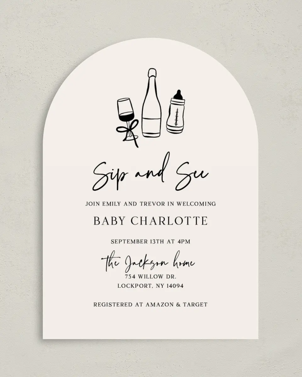This is a 5" x 7" Baby Shower Invitation called Sip & See printed in full color on Premium Smooth paper