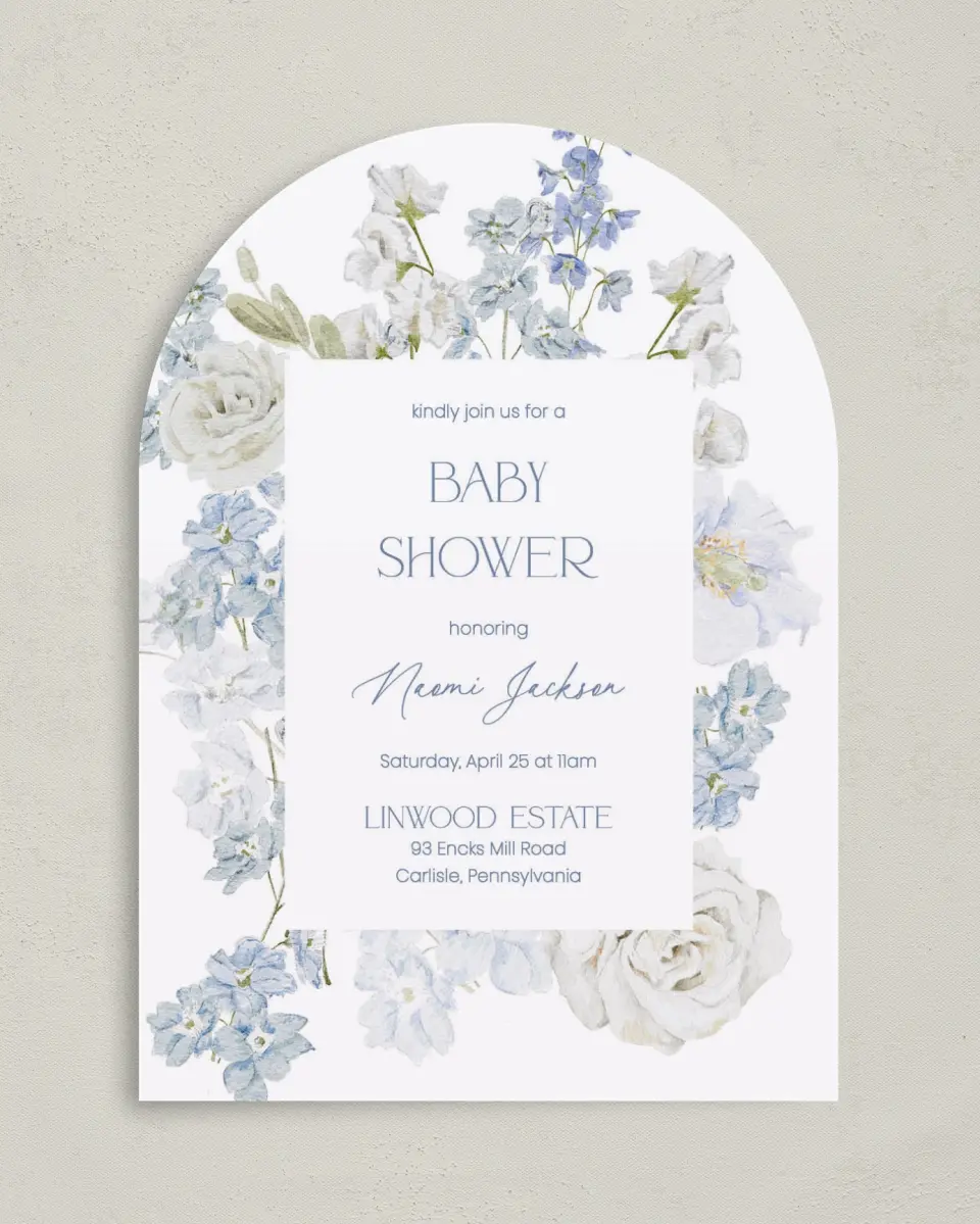 This is a 5" x 7" Baby Shower Invitation called Darling Delphinium printed in full color on Premium Smooth paper