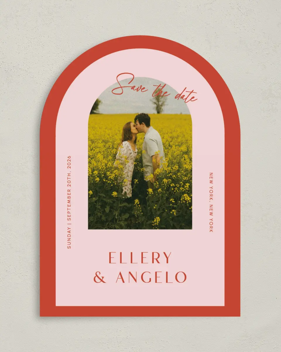 This is a 5" x 7" Arch Save the Date called Boathouse Bliss printed in full color on Premium Smooth paper