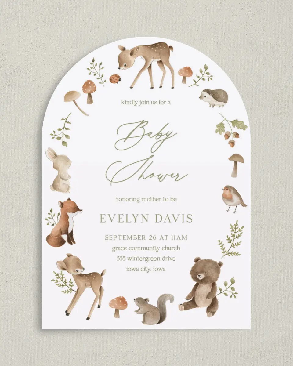 This is a 5" x 7" Baby Shower Invitation called Woodland Wonder printed in full color on Premium Smooth paper