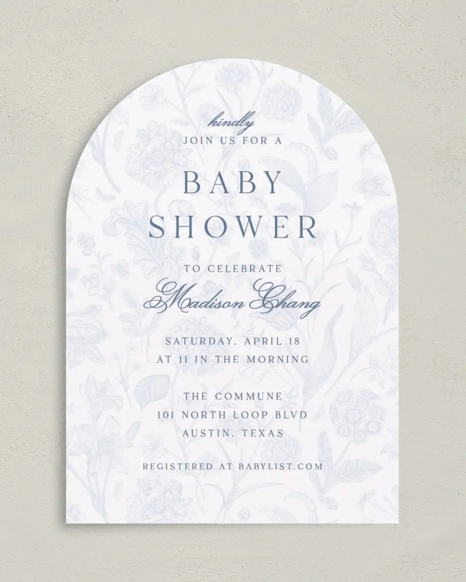 This is a 5" x 7" Baby Shower Invitation called Blissful Blooms printed in full color on Premium Smooth paper