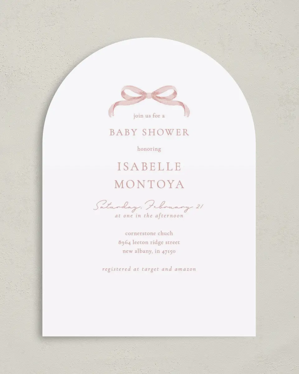 This is a 5" x 7" Baby Shower Invitation called Bitty Bow printed in full color on Premium Smooth paper