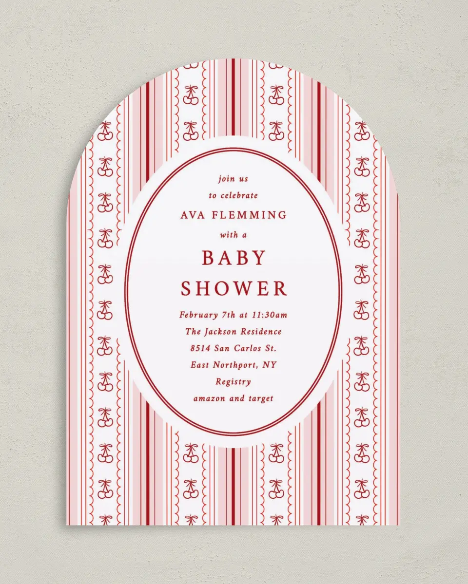 This is a 5" x 7" Baby Shower Invitation called Coquette Cherries printed in full color on Premium Smooth paper