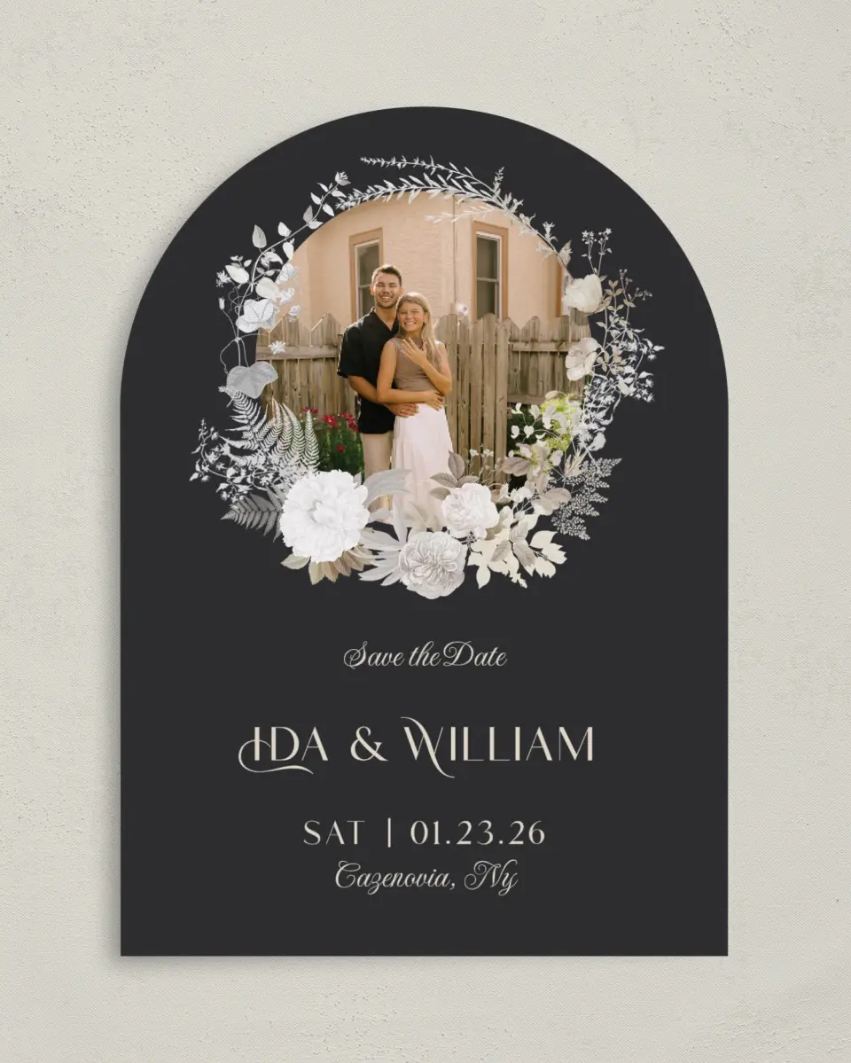This is a 5" x 7" Arch Save the Date called Winter Wildflowers printed in full color on Premium Smooth paper