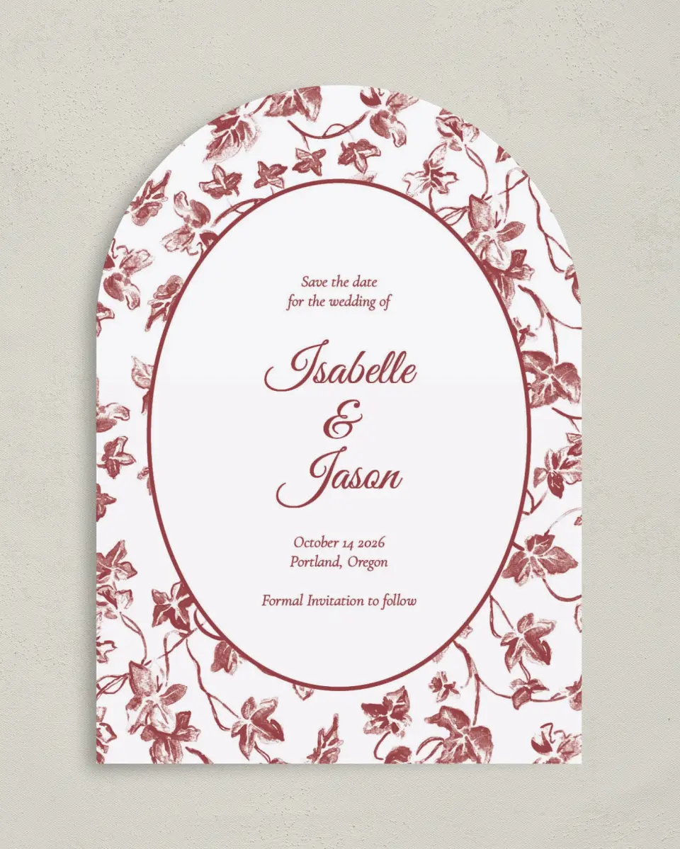 This is a 5" x 7" Arch Save the Date called Elegant Autumn printed in full color on Premium Smooth paper
